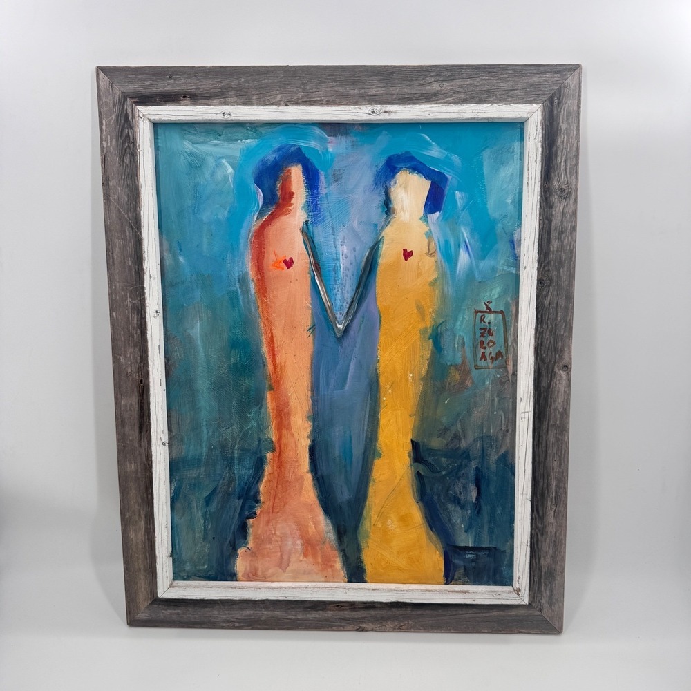 Large Contemporary Abstract Painting on Paper in Rustic Wood Frame 31x25